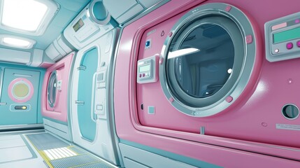 Futuristic laundry room with vibrant pink and blue design features sleek washing machines and modern technology