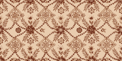 Intricate vintage floral pattern with brown motifs on a cream background.