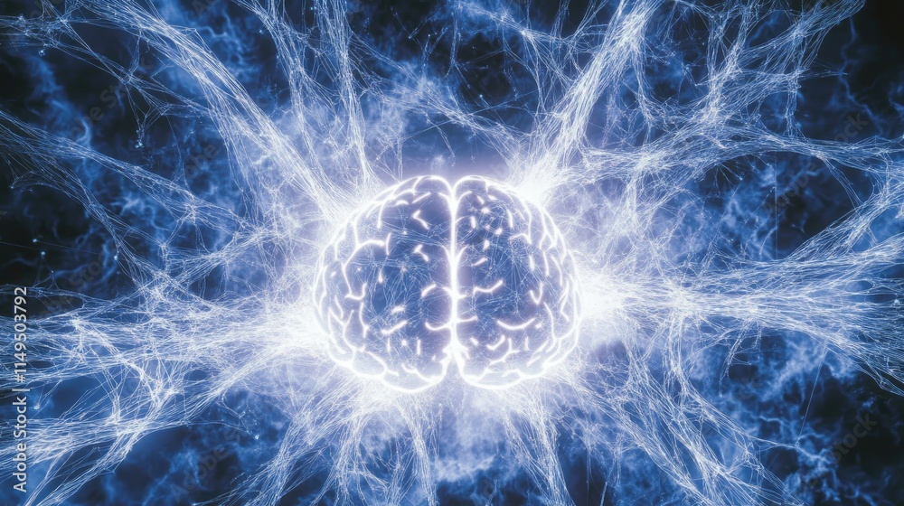 Poster a glowing human brain with interconnected lines and nodes, representing neural pathways and intellig