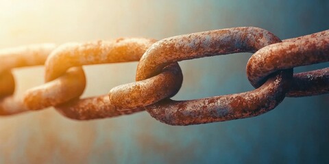 Fototapeta premium A close-up of a rusted chain link bathed in warm light, showcasing texture and age, symbolizing strength and connection through time.