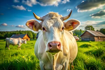 Fototapeta premium Peaceful White Cow Portrait on Farm, Rural Idyll, Dairy Cattle