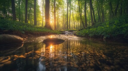 Fototapeta premium A mossy stream cascades over smooth stones, framed by lush greenery in a tranquil forest setting.