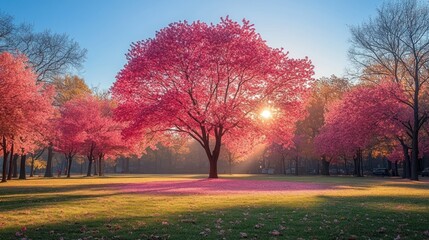 Obraz premium Sunrise illuminates pink-leafed tree in park.