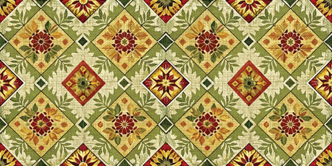 Vibrant floral geometric pattern featuring rich greens, reds, and yellows, suitable for fabric or wallpaper design.