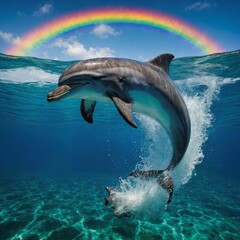 A playful dolphin leaping out of crystal-clear water under a vibrant rainbow.