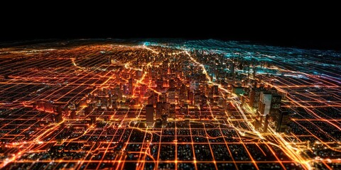 A stunning aerial view of a city at night, showcasing vibrant light trails and a grid-like layout, highlighting urban connectivity and energy.