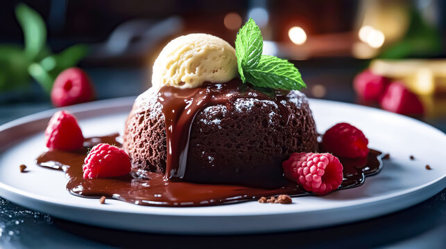 Photo of, A decadent plate of chocolate fondant cake with a molten lava center, served with a scoop of vanilla ice cream and fresh berries