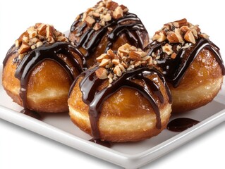 Four delicious donuts topped with chocolate and nuts on a white plate.