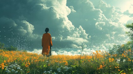 Fototapeta premium Woman in Orange Dress in a Serene Flower Field under a Dramatic Sky