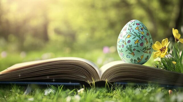 Easter egg on planet Earth depicted on an open book video footage, Easter Day, Book World Day.