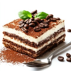 A delicious slice of tiramisu topped with coffee beans and mint leaves.