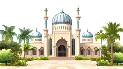 luxurious and magnificent mosque building, with a large and beautiful garden