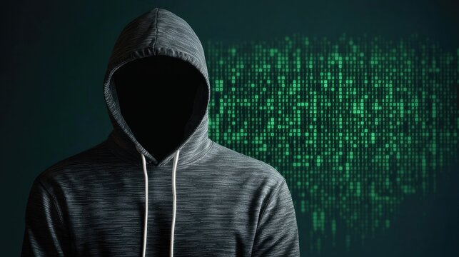 A mysterious figure in a hoodie with a featureless face stands against a green digital backdrop, evoking themes of anonymity and technology.