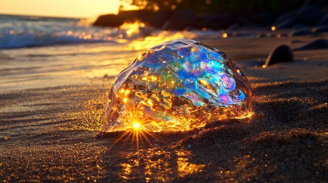 Iridescent Seashell on Sandy Beach in Sunset Glow