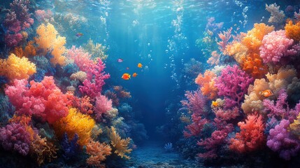 Fototapeta premium Vibrant coral reef, colorful fish, underwater scene.