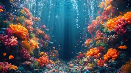 Obraz premium Vibrant coral reef, colorful fish, underwater scene.