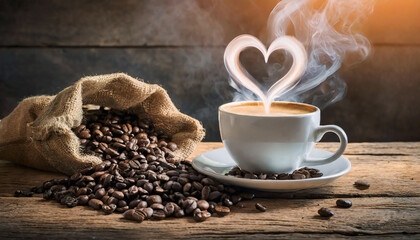 A warm cup of coffee with heart shaped steam and coffee beans