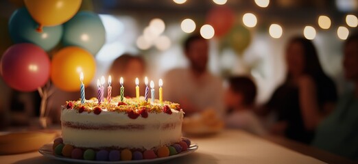 Birthday Cake with Candles Celebration at Home with Family and Friends.