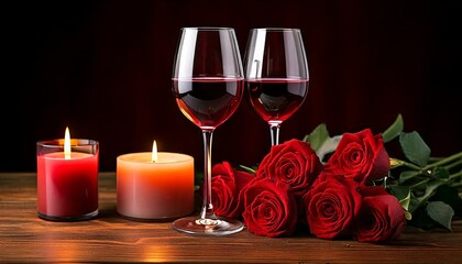 roses, two glasses of red wine and candle on the table