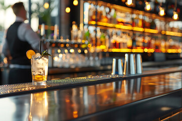 luxurious cocktail bar, a stylish bar with a bartender in a white shirt and black vest deftly shaking a cocktail shaker, surrounded by premium spirits