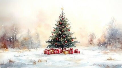 Watercolor painting of a snow-covered Christmas tree with presents in a winter landscape.