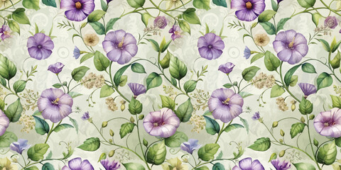 Delicate floral pattern featuring lush purple blooms and greenery on a soft background.