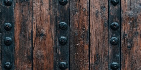 木製の重厚な扉に施された金属製の飾りと経年変化した風合いの詳細