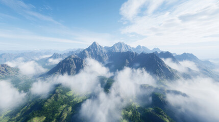 A stunning realistic photograph of majestic mountains rising above fluffy clouds, with soft morning light illuminating the peaks and a crisp blue sky overhead, subtle warmth in the sunlight, intricate