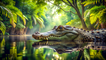 Fototapeta premium Crocodile partially submerged in a calm river with lush greenery and soft natural light against a serene backdrop