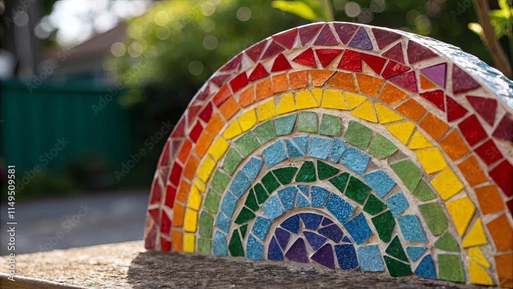 Poster a colorful mosaic of a rainbow is sitting on a table