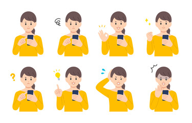 スマホを見ながらいろいろな表情･ポーズをする若い女性のセット【人物ベクターイラスト素材】