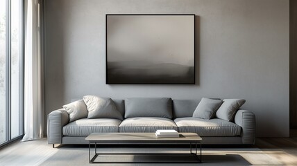 minimalist living room with a gray couch, coffee table, and a single wall artwork in a calm setting
