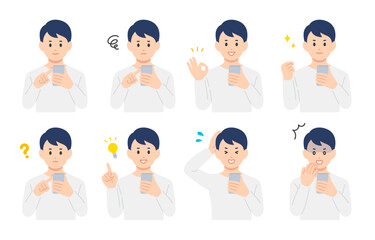 スマホを見ながらいろいろな表情･ポーズをする若い男性のセット【人物ベクターイラスト素材】
