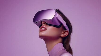 Naklejka premium Young Woman Experiencing Virtual Reality, Immersed in Technology on Purple Background