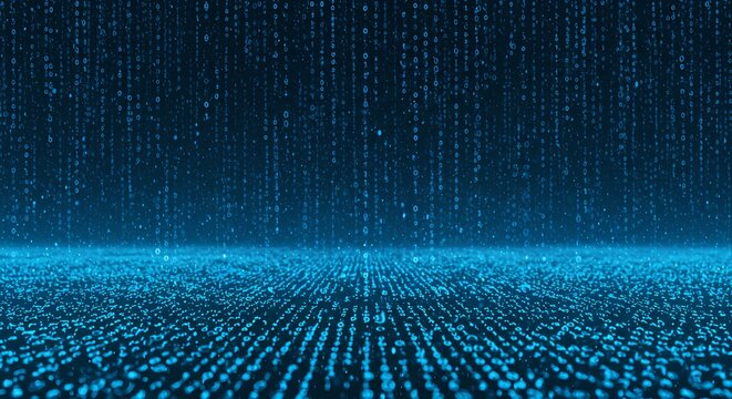 A digital grid with cascading blue binary code resembling a futuristic data flow or virtual reality.