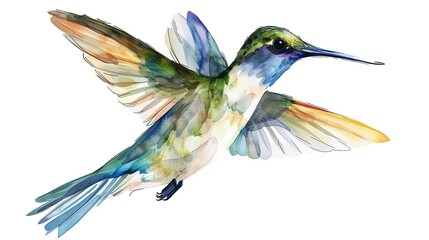 Obraz premium Watercolor painting of a hummingbird in flight.