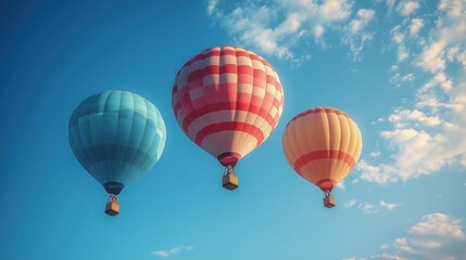 Naklejka premium Three hot air balloons soar, sunny sky.