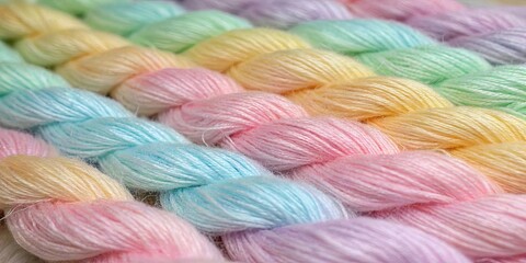 A row of colorful yarns with a rainbow pattern