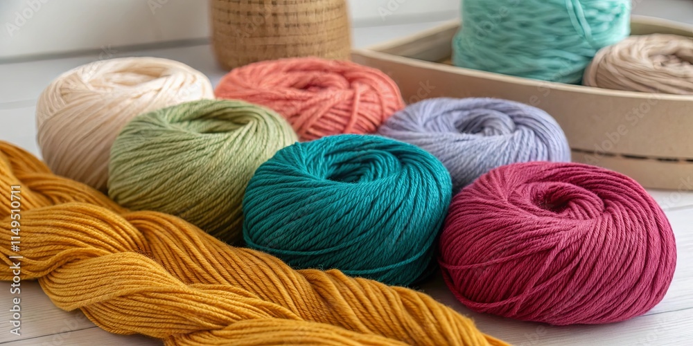 Poster a basket of colorful yarn is displayed on a table