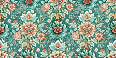 Vibrant floral pattern with soft peach and teal hues, featuring intricate leaves and blossoms on a rich turquoise background.