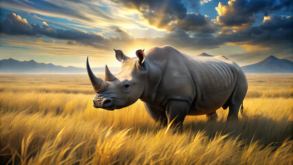 Obraz premium Rhinoceros in Vast Grassland, Majestic Pose with Golden Grass at Soft Morning Light