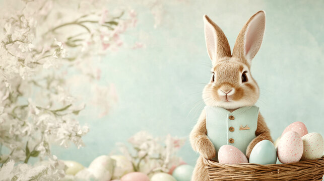 Cute bunny in vest with basket of colorful easter eggs and spring blooms