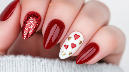 Stylish red manicure with glitter and heart designs on almond nails