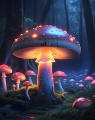 beautiful Agaricus bisporus mushroom in fairy background, created by generative ai