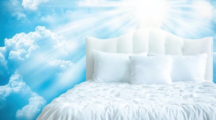 Serene bedroom scene with heavenly clouds bright natural light modern interior design