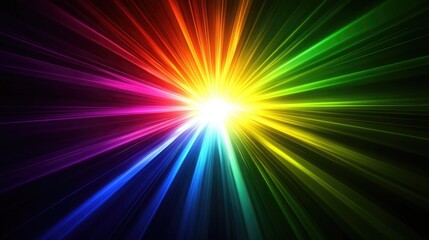 Vibrant and Colorful Light Rays Radiating from a Central Point, Creating a Spectacular Rainbow Effect with Rich Textures and Depth in a Dark Background
