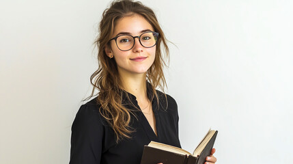 Young caucasian female adult with glasses holding book and smiling in black shirt