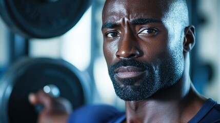 This is a portrait of a male athlete in a gym environment. He appears to be in the middle of a weightlifting session, focusing intently on his workout.