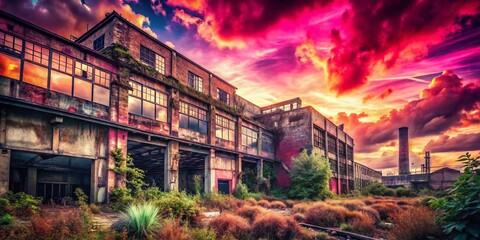 Pink Sky Urban Exploration Poster, Digital Vintage Clouds, Retro Cityscape Background