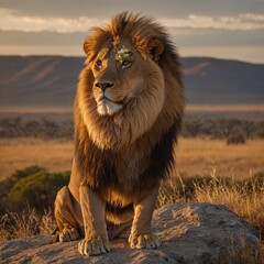 A regal lion standing on a rocky cliff overlooking a golden savanna at sunrise.